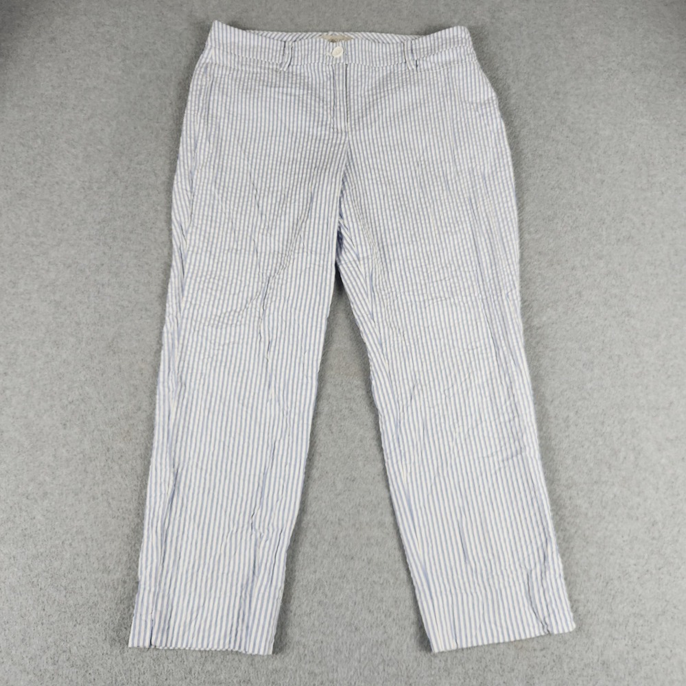 Talbots Pants Womens 8P Blue White Seersucker Striped Flat Front Straight Leg